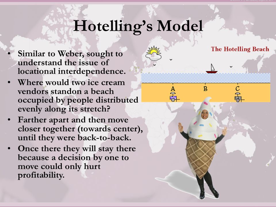 Hotelling’s Model Similar to Weber, sought to understand the issue of locational interdependence.