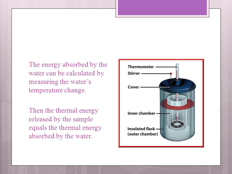 The energy absorbed by the water can be calculated by measuring the water’s temperature change.