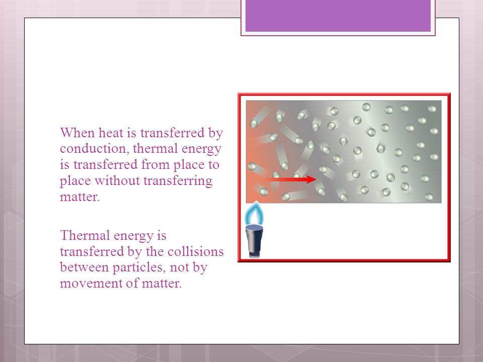 When heat is transferred by conduction, thermal energy is transferred from place to place without transferring matter.