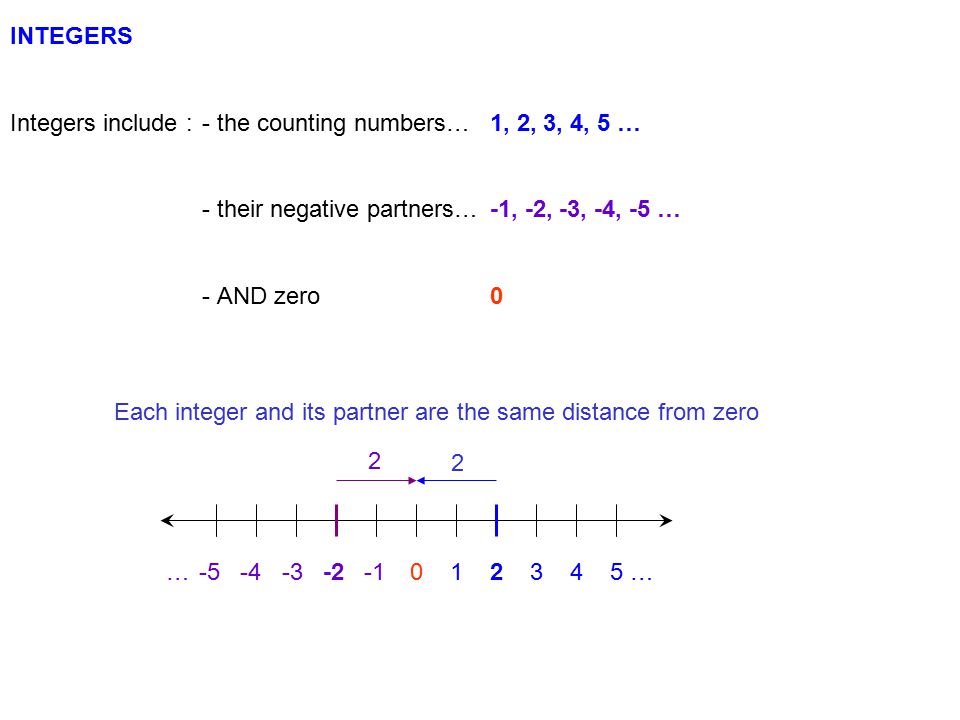 INTEGERS Integers include : - the counting numbers… 1, 2, 3, 4, 5 … - their negative partners… -1, -2, -3, -4, -5 …