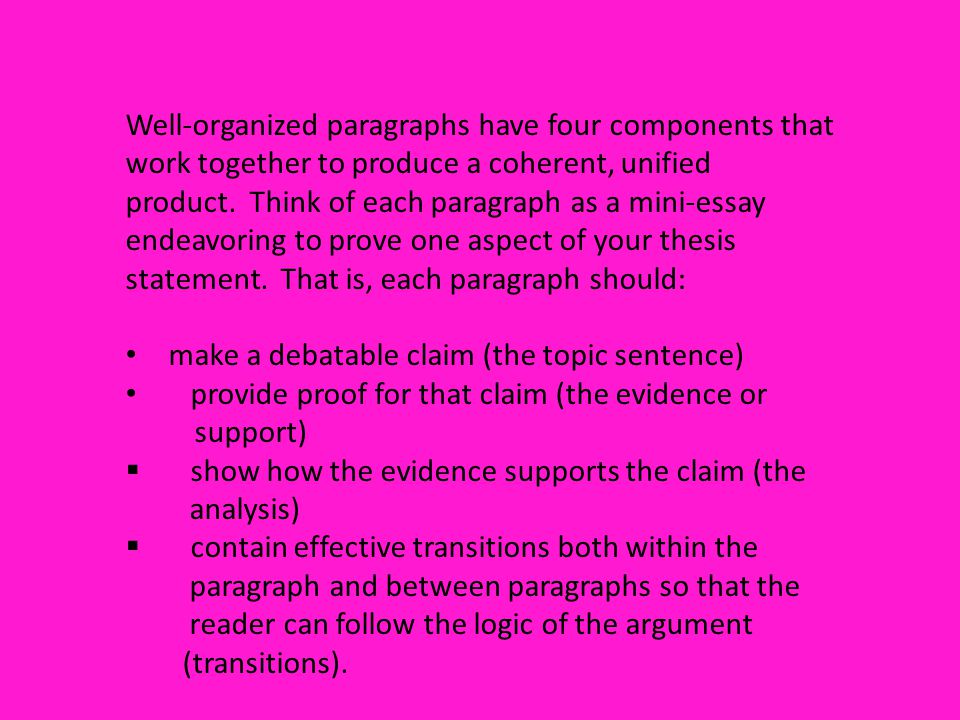 Well-organized paragraphs have four components that work together to produce a coherent, unified product. Think of each paragraph as a mini-essay endeavoring to prove one aspect of your thesis statement. That is, each paragraph should: