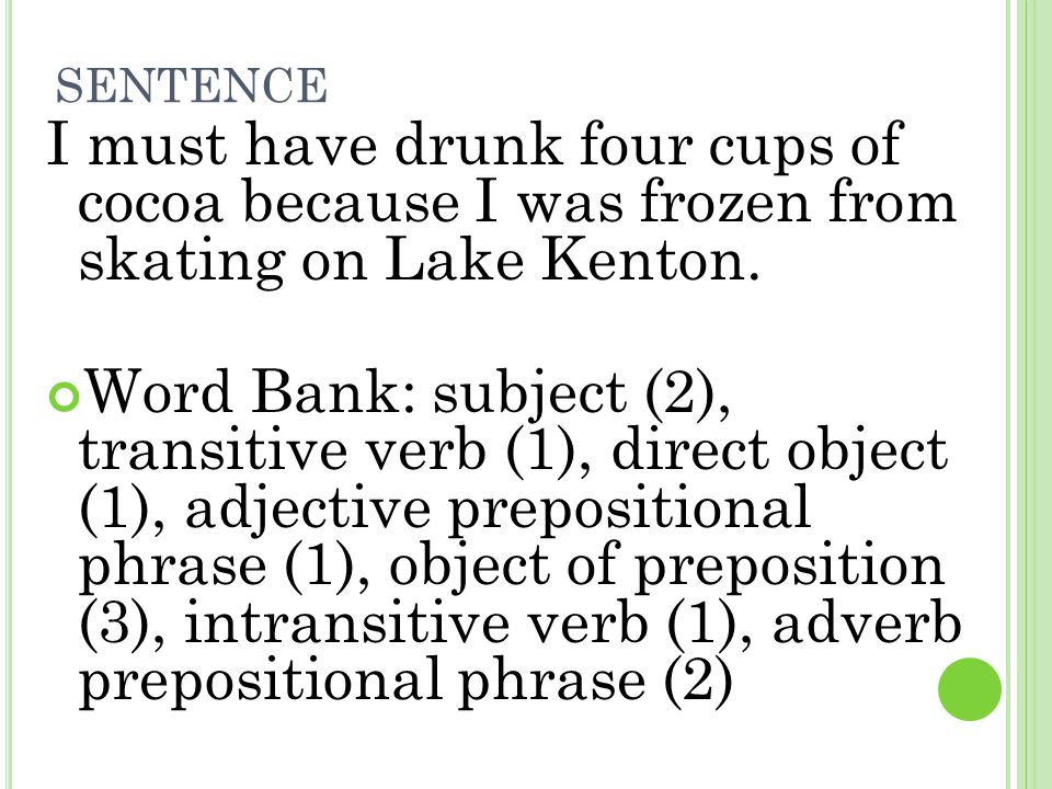 sentence I must have drunk four cups of cocoa because I was frozen from skating on Lake Kenton.