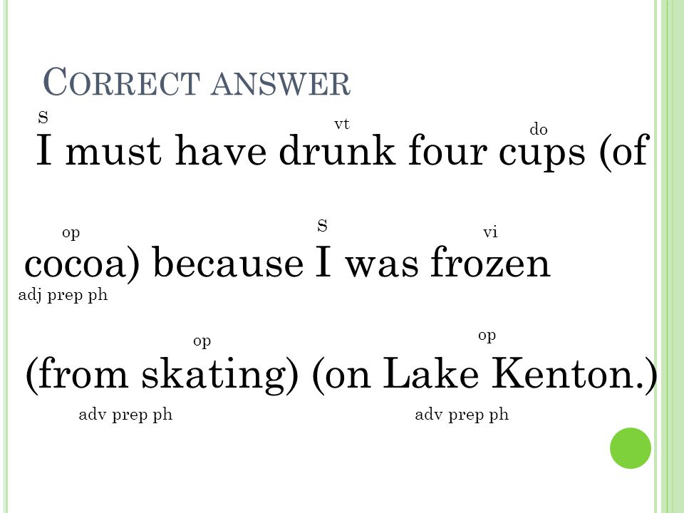 Correct answer S. vt. do. I must have drunk four cups (of cocoa) because I was frozen (from skating) (on Lake Kenton.)
