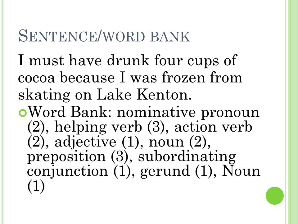 Sentence/word bank I must have drunk four cups of