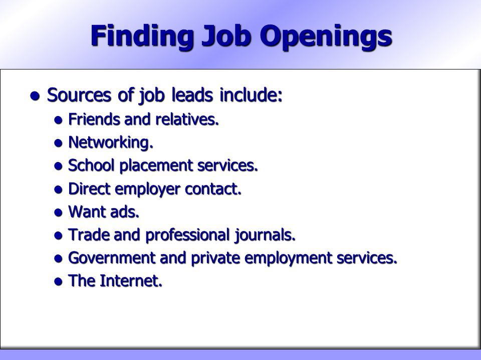 Finding Job Openings Sources of job leads include: