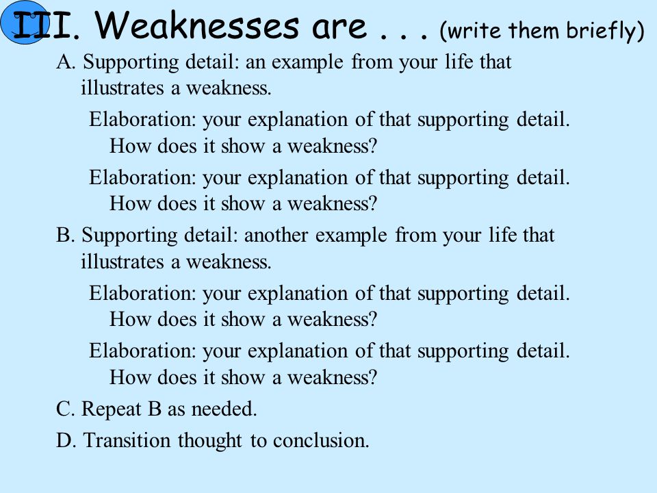 III. Weaknesses are (write them briefly)