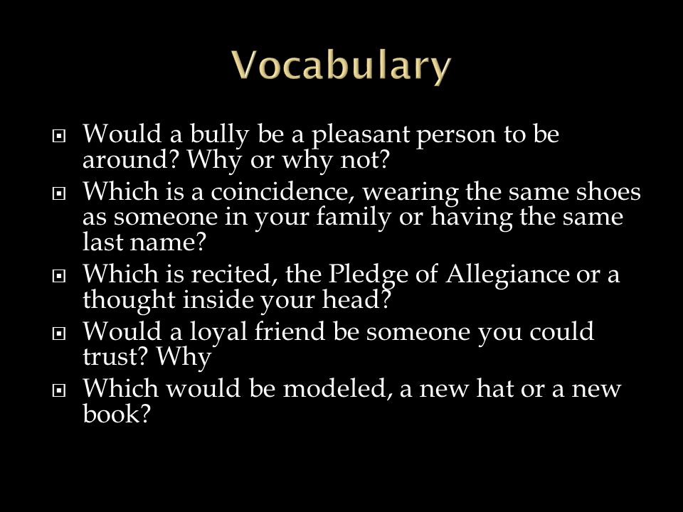 Vocabulary Would a bully be a pleasant person to be around Why or why not