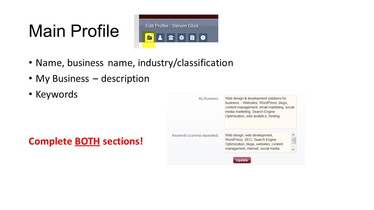 Main Profile Name, business name, industry/classification