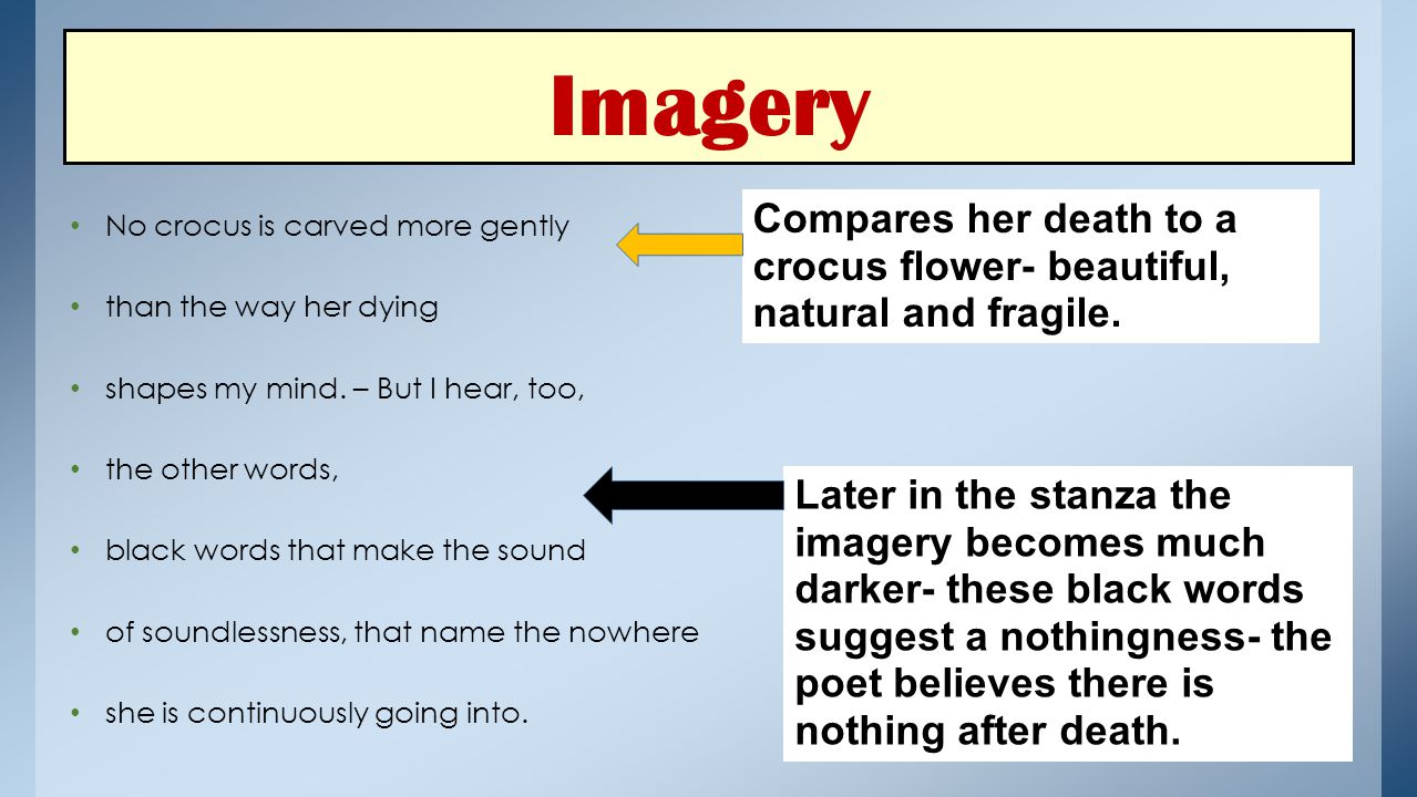 Imagery No crocus is carved more gently. than the way her dying. shapes my mind. – But I hear, too,