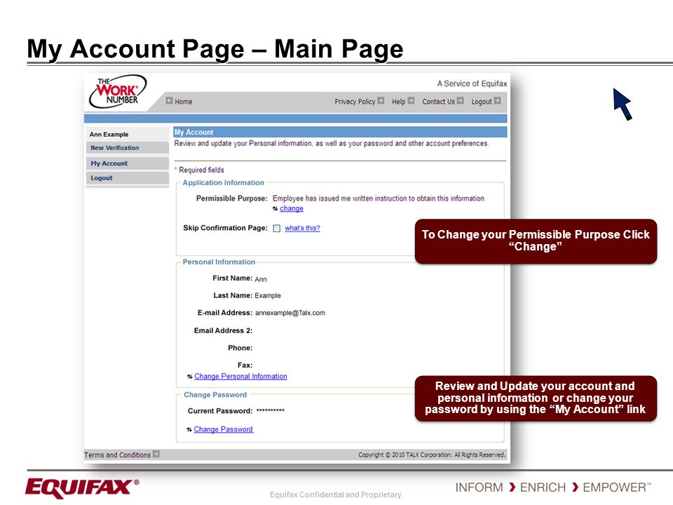 My Account Page – Main Page