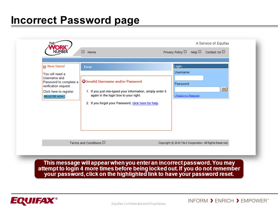 Incorrect Password page