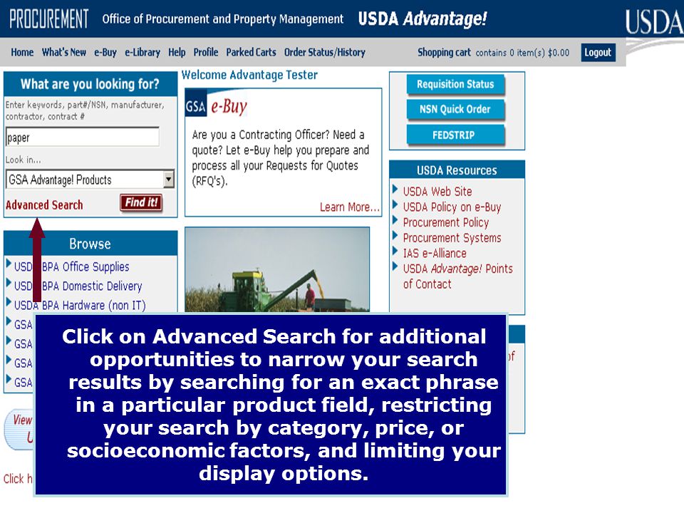 Click on Advanced Search for additional opportunities to narrow your search results by searching for an exact phrase in a particular product field, restricting your search by category, price, or socioeconomic factors, and limiting your display options.