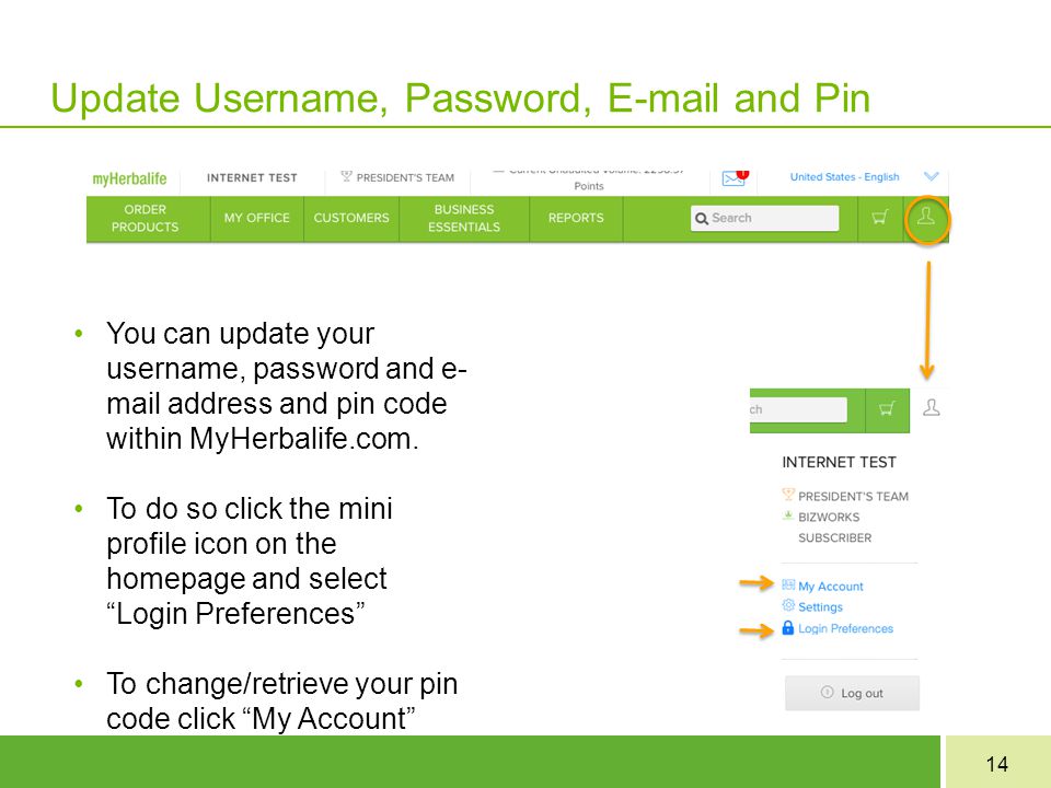 Update Username, Password,  and Pin