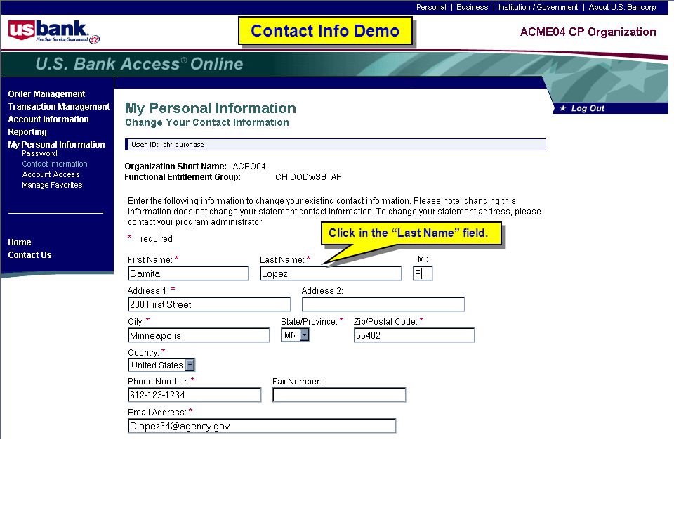 Contact Info Demo Click in the Last Name field. Contact Info Demo. Trainer: Click in the Last Name field.