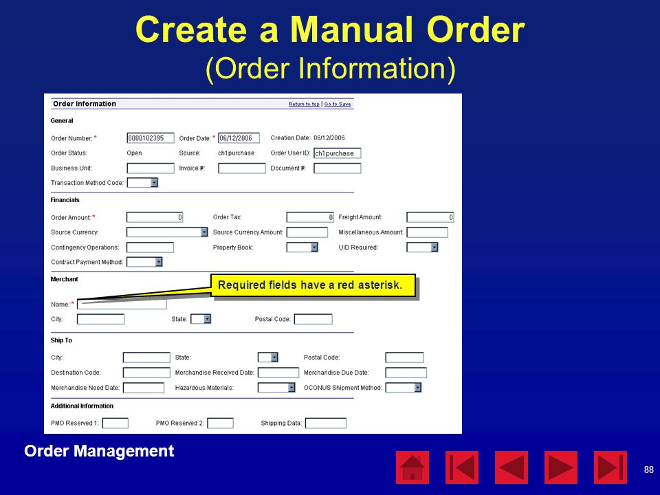 Create a Manual Order (Order Information)