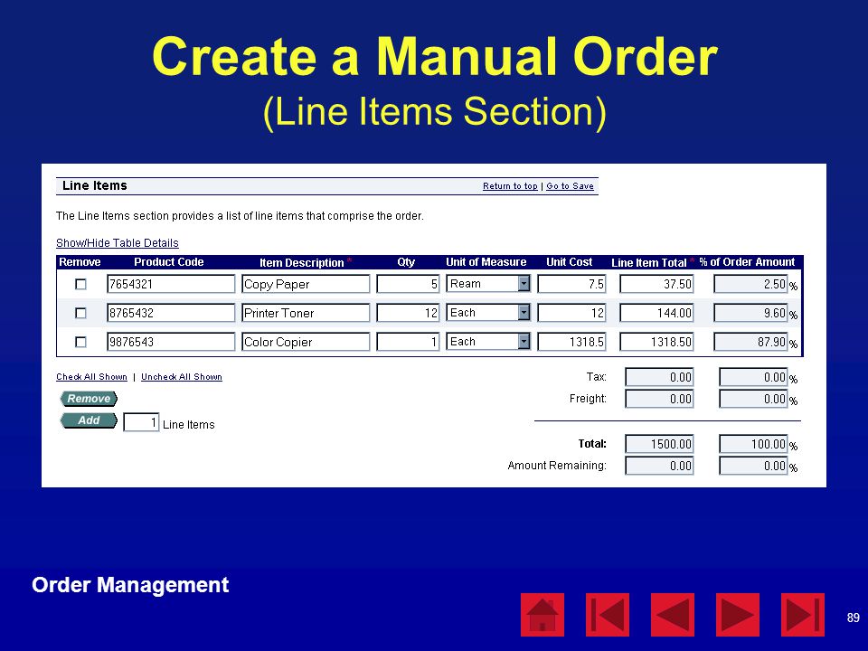 Create a Manual Order (Line Items Section)