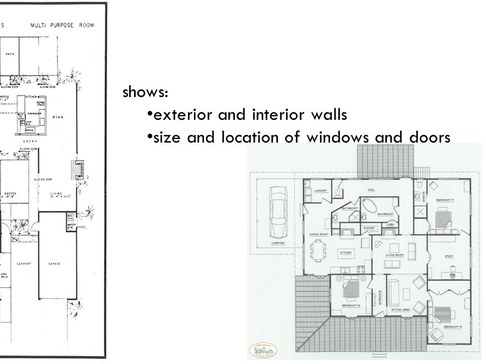 shows: exterior and interior walls size and location of windows and doors