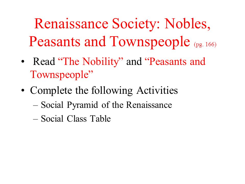 Renaissance Society: Nobles, Peasants and Townspeople (pg. 166)
