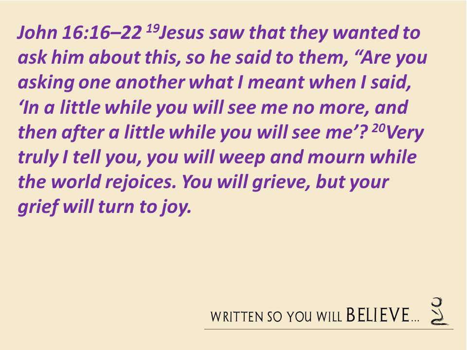 John 16:16–22 19Jesus saw that they wanted to ask him about this, so he said to them, Are you asking one another what I meant when I said, ‘In a little while you will see me no more, and then after a little while you will see me’.