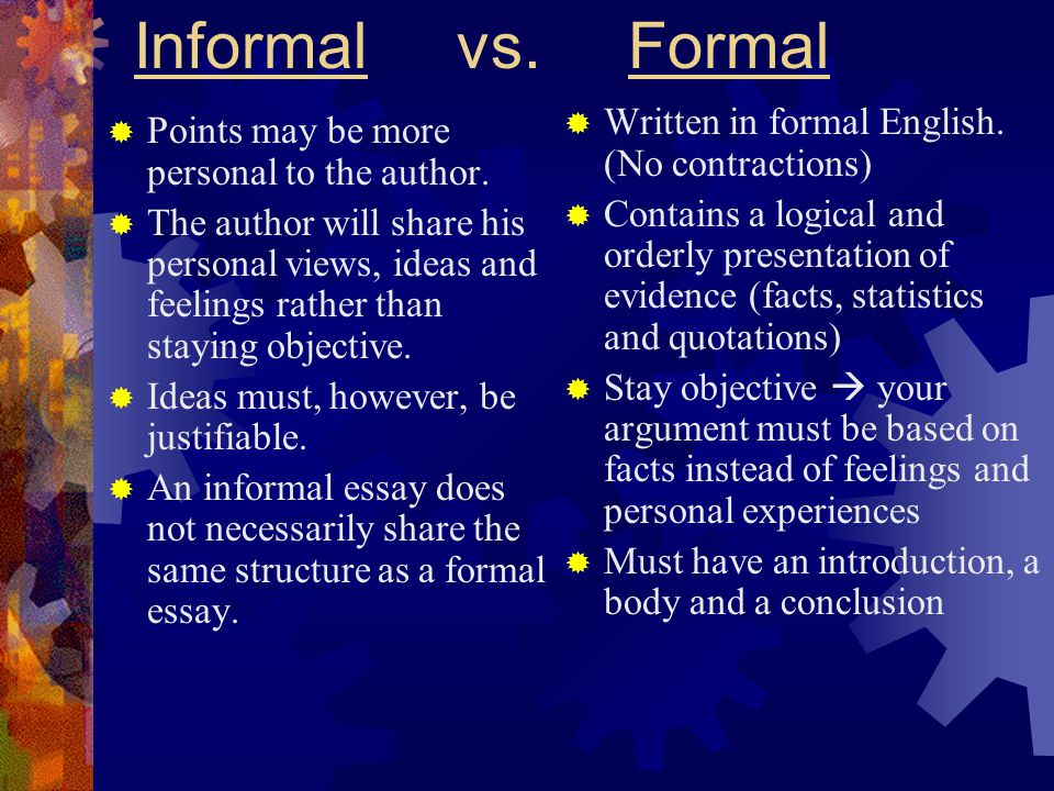 Informal vs. Formal Written in formal English. (No contractions)