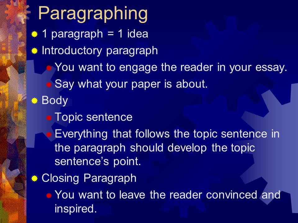 Paragraphing 1 paragraph = 1 idea Introductory paragraph