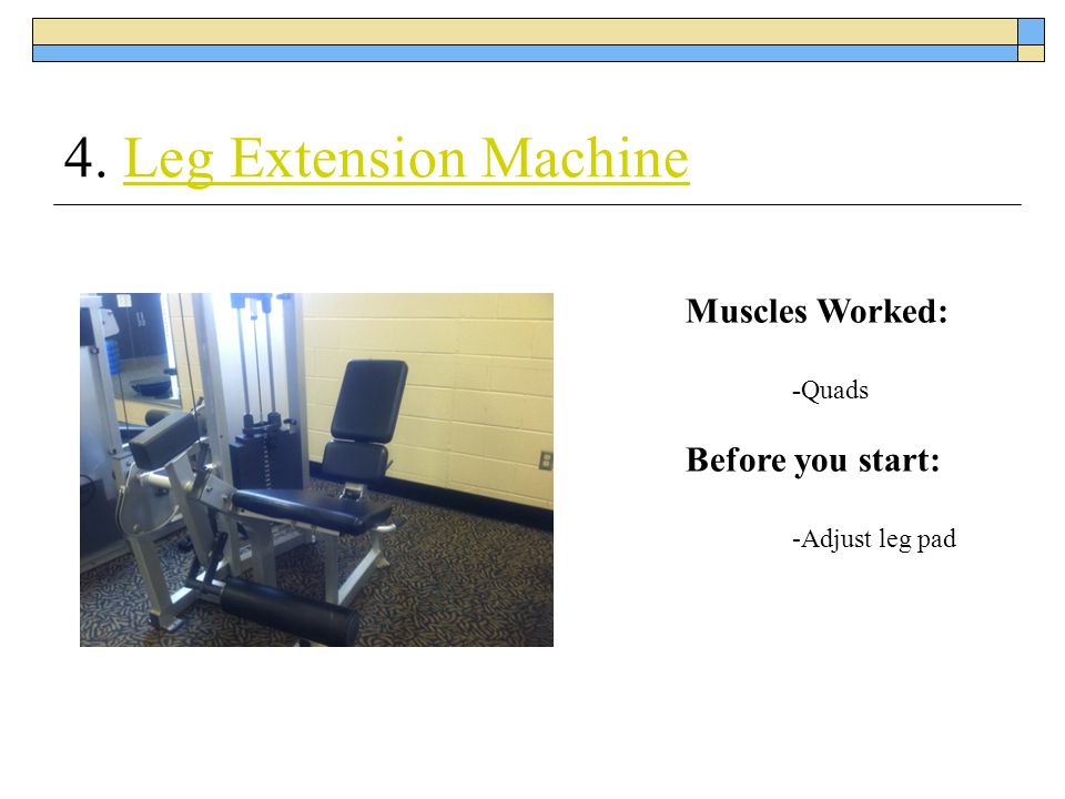 4. Leg Extension Machine Muscles Worked: Before you start: -Quads