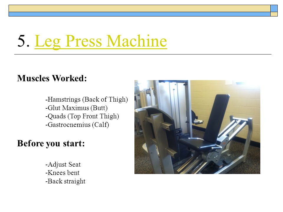 5. Leg Press Machine Muscles Worked: Before you start: