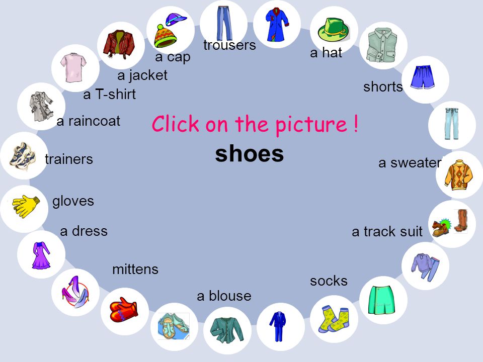 shoes Click on the picture ! trousers a hat a cap a jacket shorts