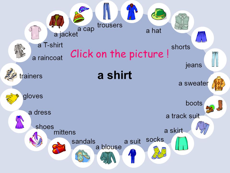 a shirt Click on the picture ! trousers a cap a hat a jacket a T-shirt