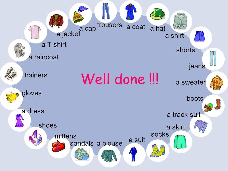Well done !!! trousers a coat a cap a hat a jacket a shirt a T-shirt