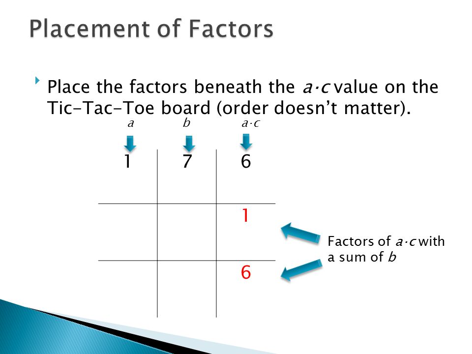 Placement of Factors Place the factors beneath the a⋅c value on the Tic-Tac-Toe board (order doesn’t matter).