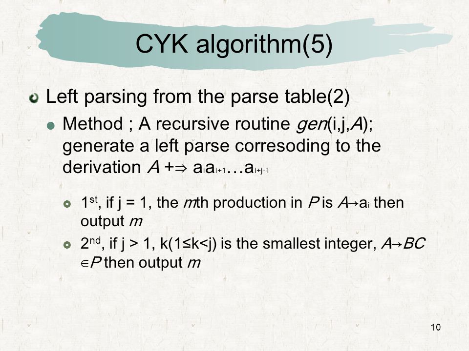 CYK algorithm(5) Left parsing from the parse table(2)