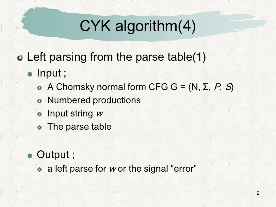 CYK algorithm(4) Left parsing from the parse table(1) Input ; Output ;