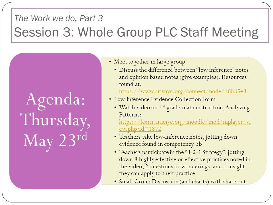 The Work we do, Part 3 Session 3: Whole Group PLC Staff Meeting