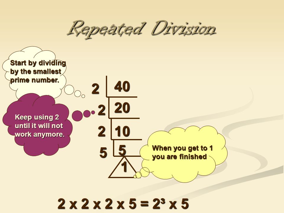 Repeated Division x 2 x 2 x 5 = 2³ x 5