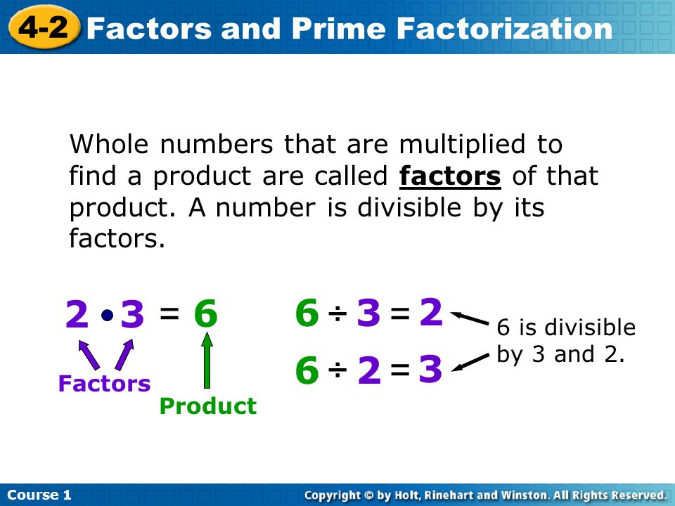 2 3 = 6 6 ÷ 3 = 2 6 ÷ 2 = Factors and Prime Factorization