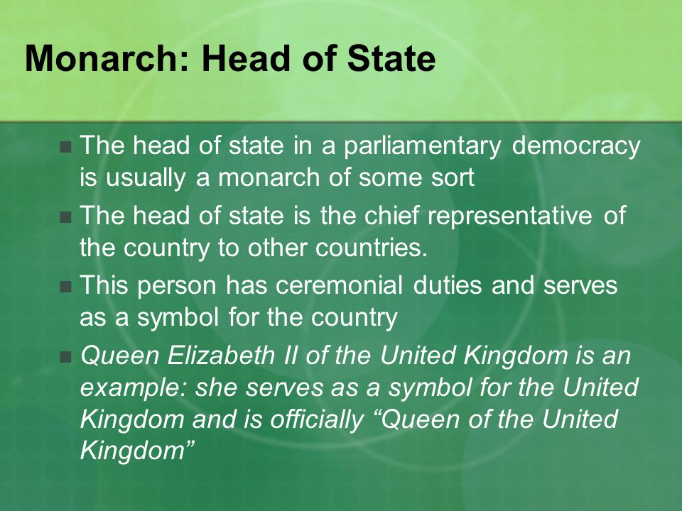 Monarch: Head of State The head of state in a parliamentary democracy is usually a monarch of some sort.