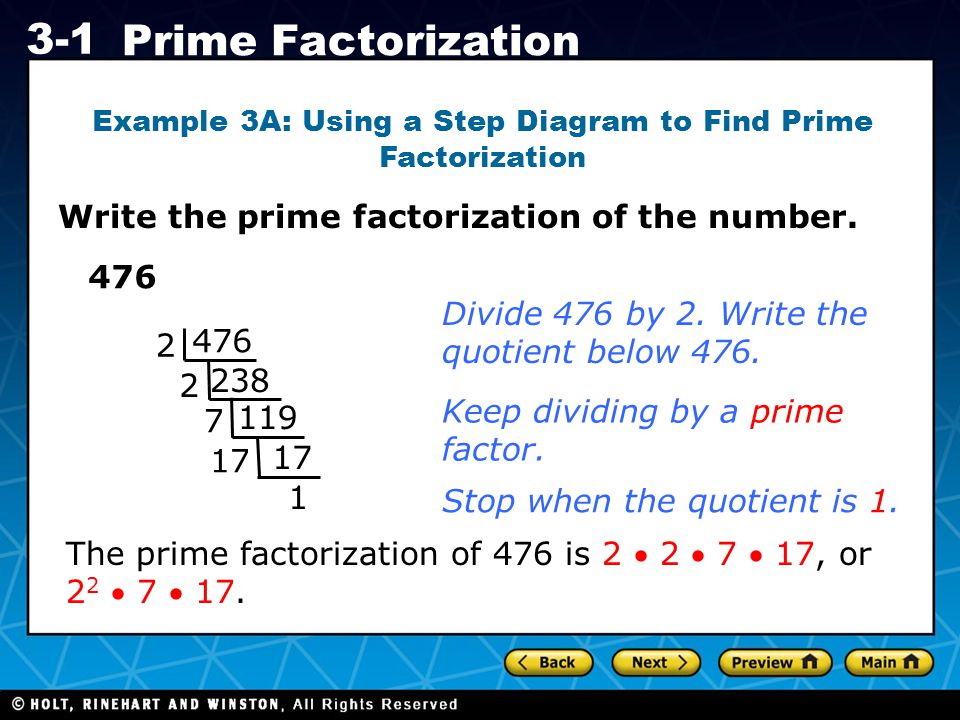 Example 3A: Using a Step Diagram to Find Prime Factorization