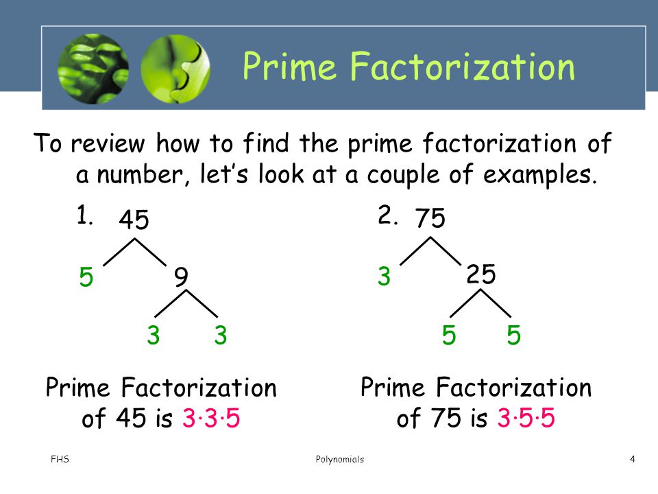 Prime Factorization To review how to find the prime factorization of a number, let’s look at a couple of examples.