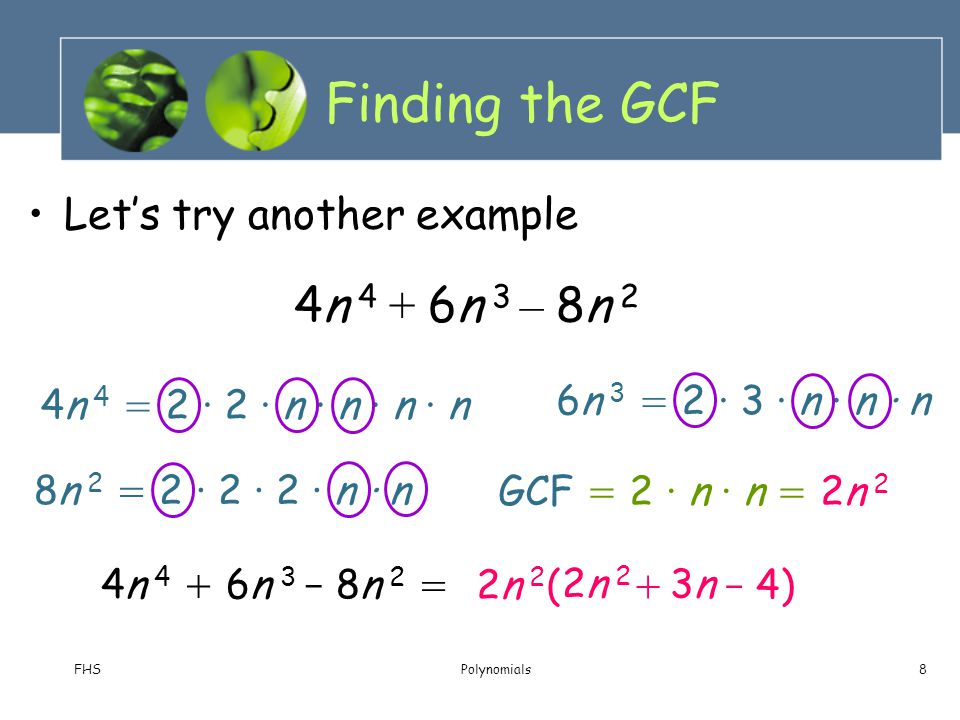 Finding the GCF 4n 4 + 6n 3 – 8n 2 Let’s try another example