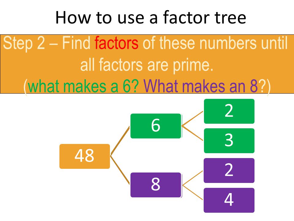 How to use a factor tree Step 2 – Find factors of these numbers until. all factors are prime. (what makes a 6 What makes an 8 )