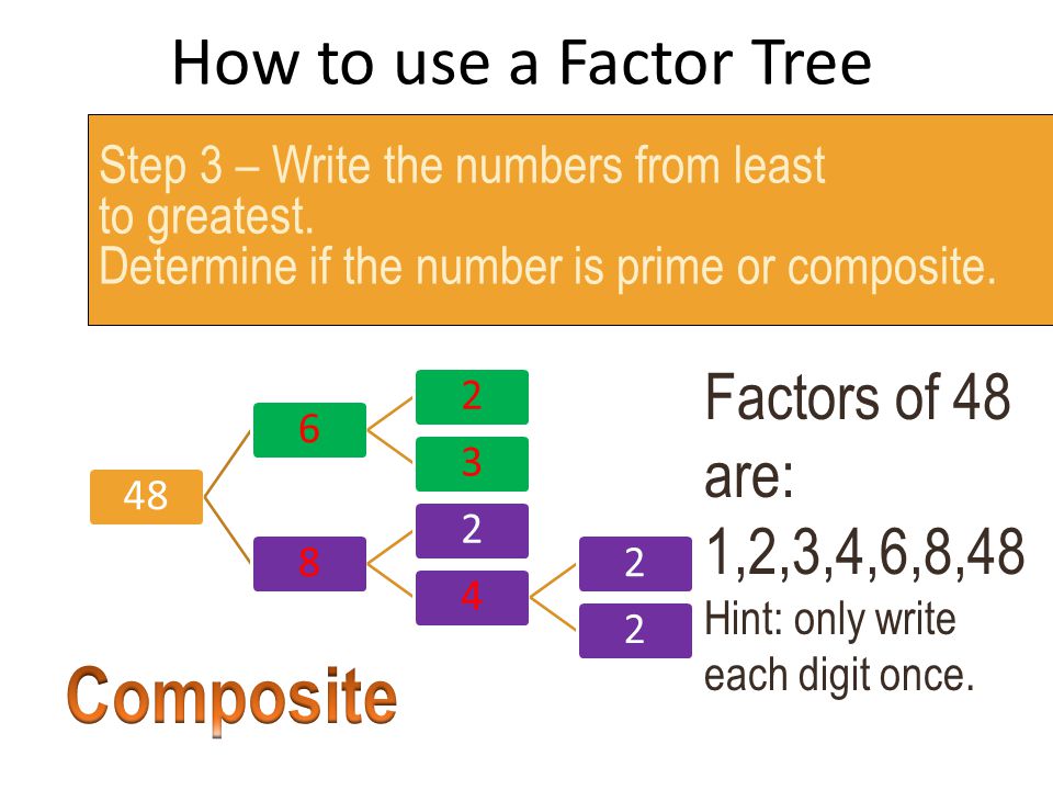 Composite How to use a Factor Tree Factors of 48 are: 1,2,3,4,6,8,48