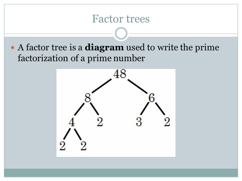 Factor trees A factor tree is a diagram used to write the prime factorization of a prime number