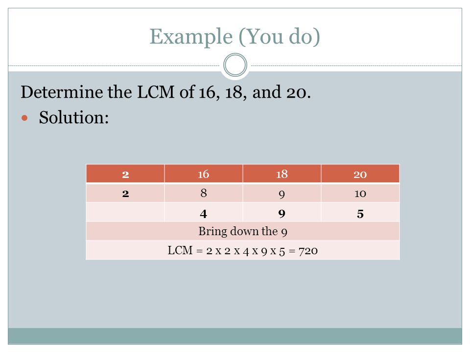 Example (You do) Determine the LCM of 16, 18, and 20. Solution: 2 16