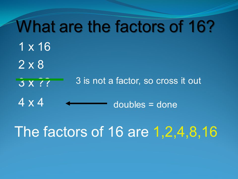 What are the factors of 16 The factors of 16 are 1,2,4,8,16 1 x 16