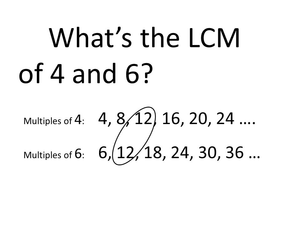 What’s the LCM of 4 and 6 Multiples of 4: 4, 8, 12, 16, 20, 24 ….