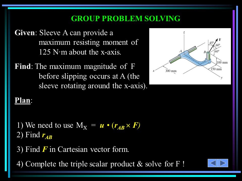 GROUP PROBLEM SOLVING Given: Sleeve A can provide a maximum resisting moment of 125 N·m about the x-axis.