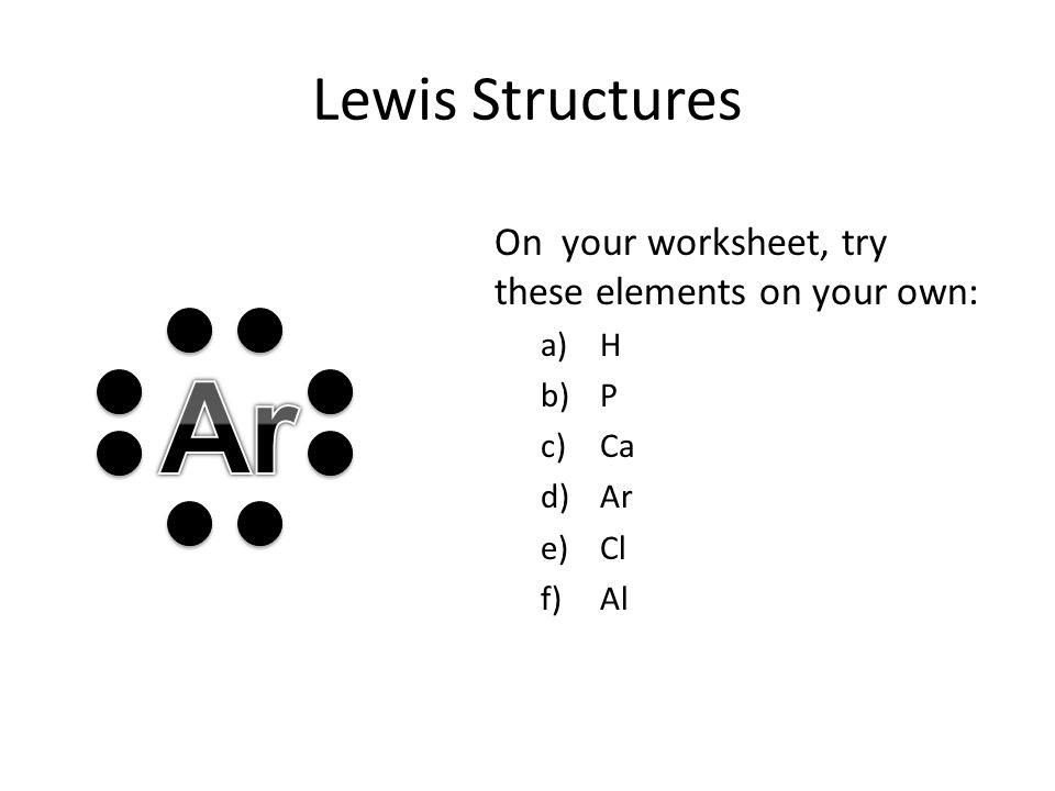 Ar Lewis Structures On your worksheet, try these elements on your own: