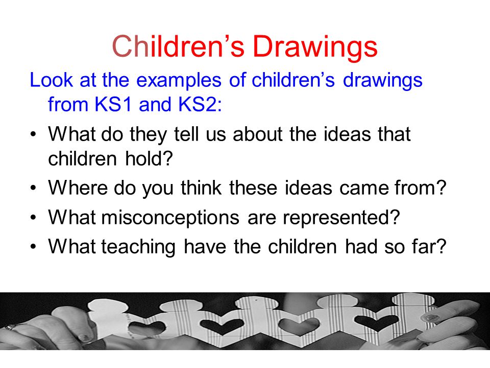 Children’s Drawings Look at the examples of children’s drawings from KS1 and KS2: What do they tell us about the ideas that children hold