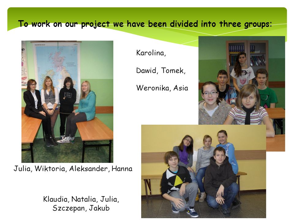 To work on our project we have been divided into three groups: